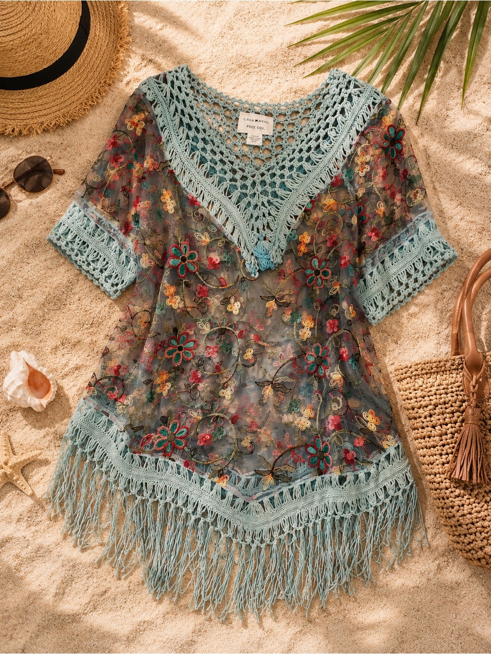 Casa Amayal Sheer Embroidered Crochet Fringe Boho Beach Cover Up OS - Picture 2 of 9